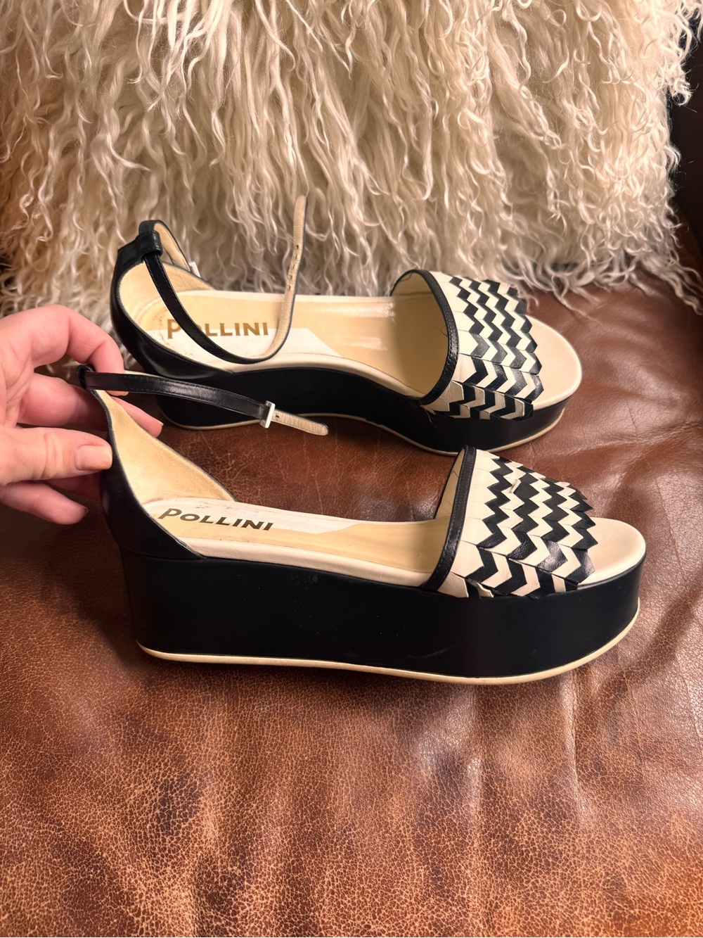 Pollini Two-Tone Black and Cream Leather Woven Platform Sandals
